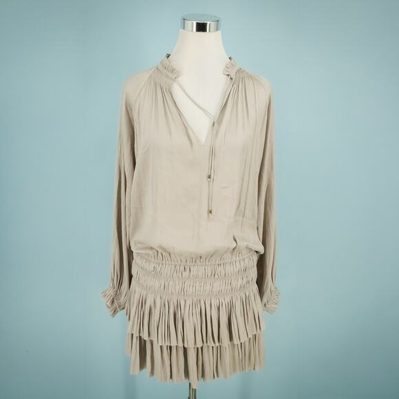 Ulla Johnson Size 2 Tan V Tie Neck Long Sleeve Smocked Layered Satin Mini Dress - Picture 1 of 6